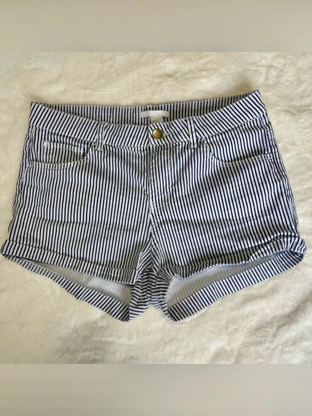 Mall Goth Black White Railroad Stripe Twill Cuffed Micro Shorts Alternative
